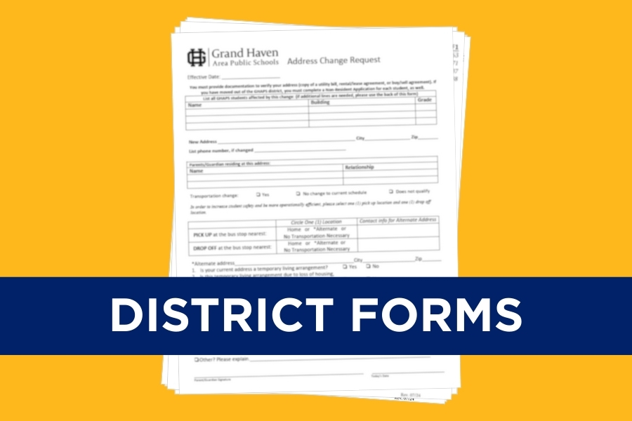 A blurred out stack of district paper forms on a yellow background with a blue banner saying DISTRICT FORMS across the middle.